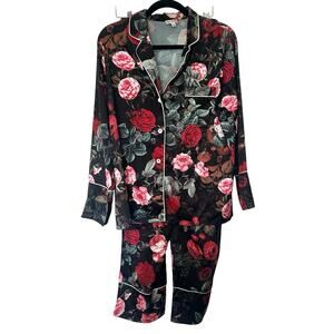 Kilo Brava (L) Black Floral Satin Matching Pajama Set- Romantic, Glam